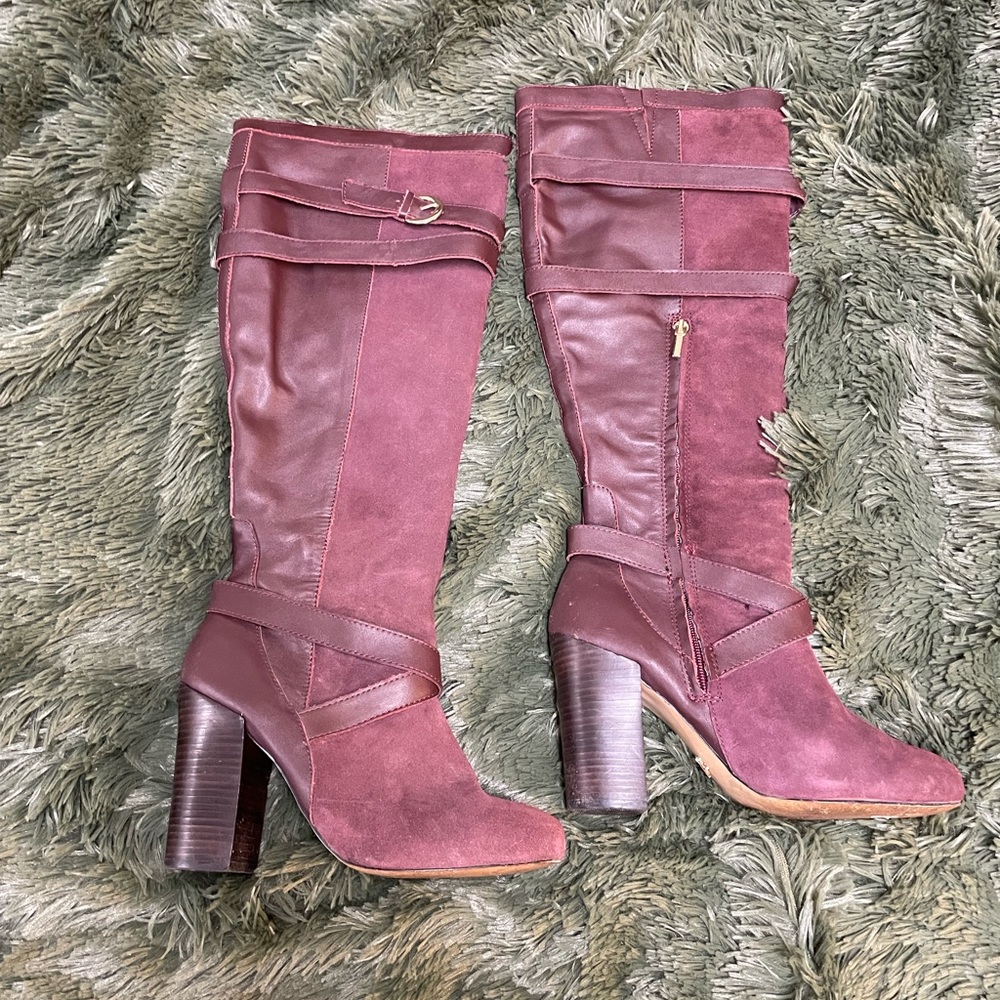 Burgundy leather knee high boots